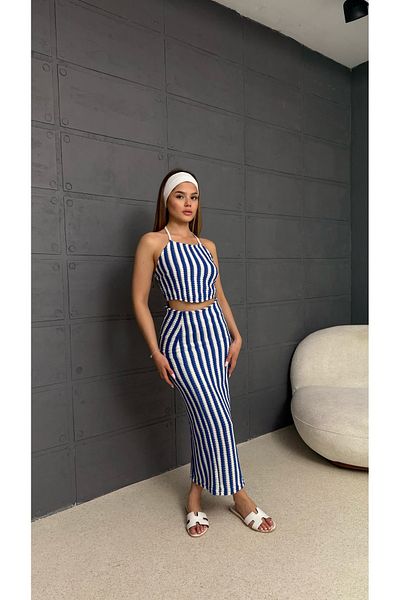 TİENDEROPA Women's Striped Knitwear Crop Top and Slit Maxi Skirt Set - Summer Set of Two