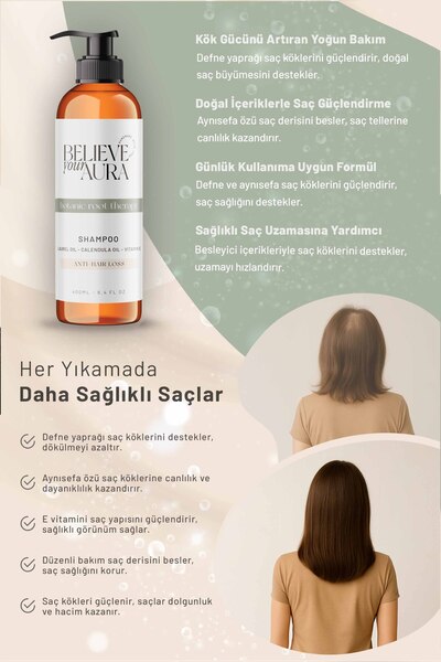 Believe Your Aura Defne ve Aynısefa Yağı Şampuanı - Güçlendirici Dökülme Karşıtı Doğal Saç Bakım Şampuanı - 400 ml