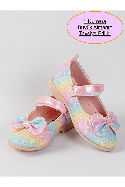 NeSe Shoes Fiyonklu, Cırtlı, Simli, Gökkuşağı Kız Çocuk Babet