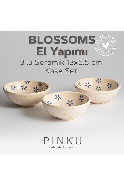 PINKU Ceramics Blossoms Handmade 3-Piece Bowl - Blue 13X5.5 cm Ceramic Bowl for Dessert, Jam, Olives, Cheese and Snacks