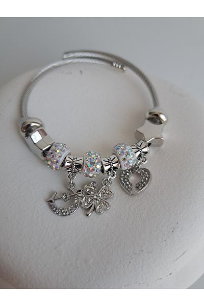 BHR AKSESUAR Silver Clover Heart Charm Bracelet