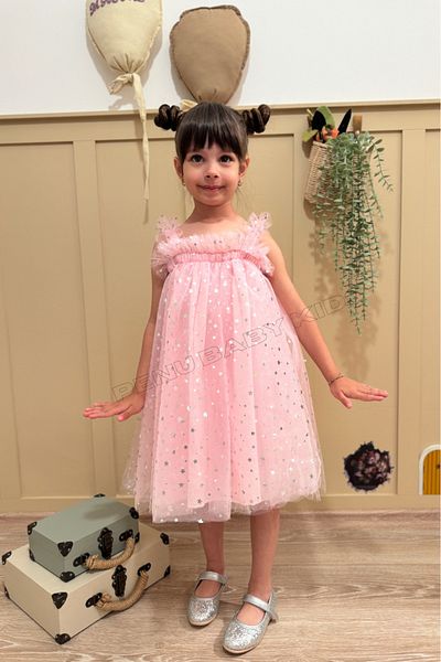 penu baby kids Pink Star Printed Tulle Ruffle Strap Sleeve Cotton Lined Girl's Baby Girl Dress
