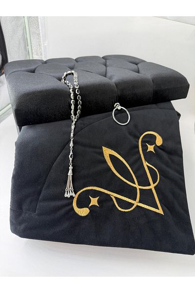 CREARTHOME Black Boxed Black Velvet Yellow Logo Embroidered Men's Prayer Rug Special Production Groom's Bundle