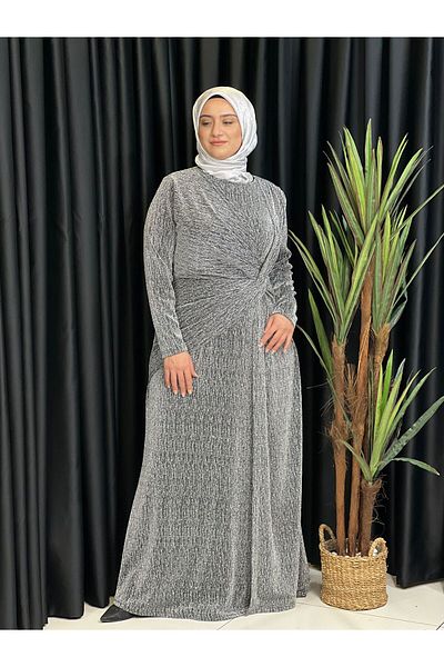 Butik büyük beden Luxury Evening Dress with Self-Glitter Front Gathered