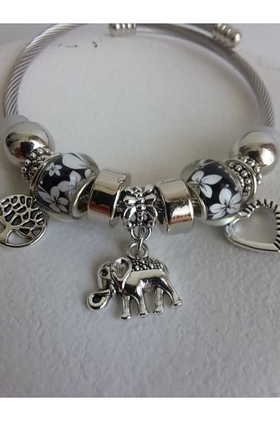 BHR AKSESUAR Silver Elephant Tree of Life Heart Charm Bracelet