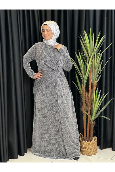 Butik büyük beden Luxury Evening Dress with Self-Glitter Front Gathered