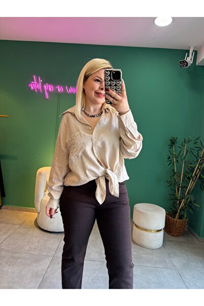 tuğba kumlu butik Vizon Taşlı Uzun Gömlek