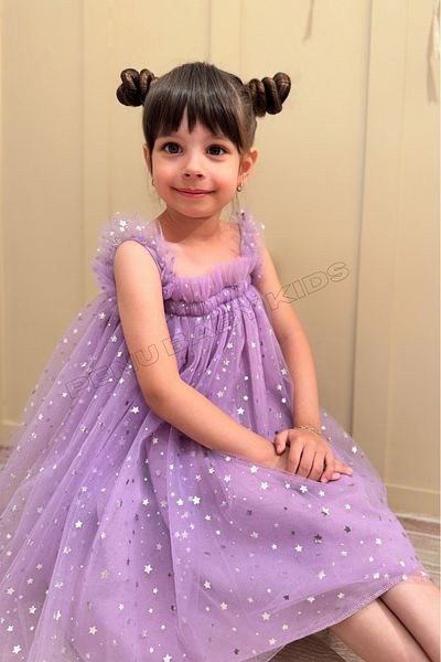 penu baby kids Lilac Star Printed Tulle Ruffle Strap Sleeve Cotton Lined Girl's Baby Girl Dress
