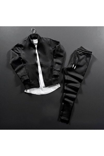 NOFLEN Black Men's Unprinted Scuba Tracksuit Set