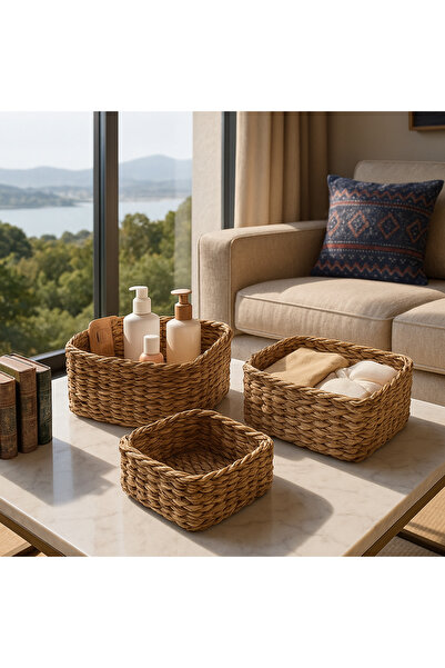 Topkapı 3'lü Kare Doğal Hasır Düzenleyici - Dekoratif Sepet - Natural Sepet