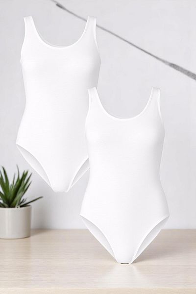 QKK Women's Cotton Lycra Combed Thick Strap White 2-Piece Snap Body