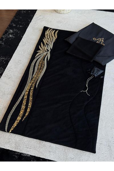 CREARTHOME Black Bowknot Embroidered 5 Pieces Women's Prayer Rug Bride Dowery Set Special Production