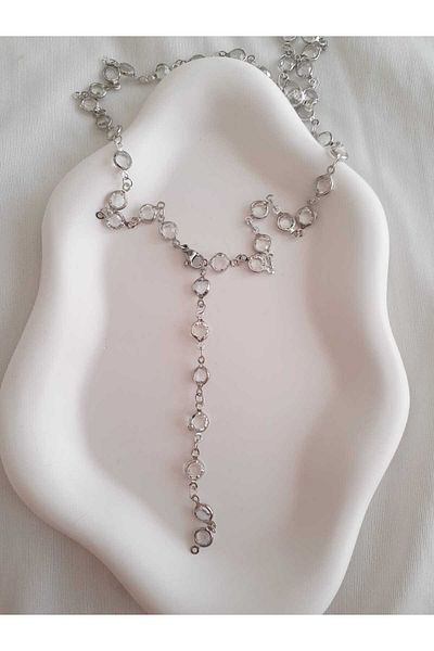 bijoux uniques Steel Silver Oval Stone Y Necklace