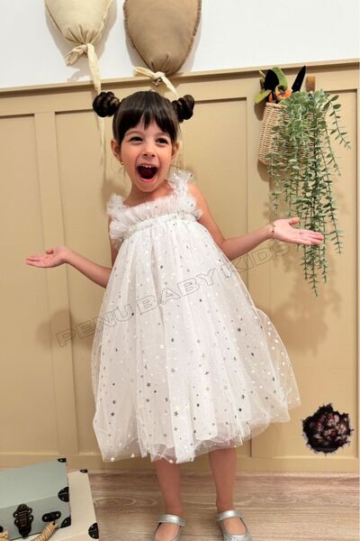 penu baby kids Beyaz Yıldız Baskılı Tül Fırfır Askı Kol Pamuk Astarlı Kız Çocuk Kız Bebek Elbise