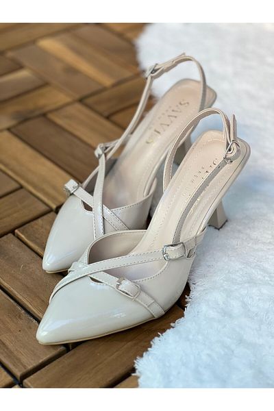 sv savves Women's 3 Buckle Beige Patent Leather Stiletto