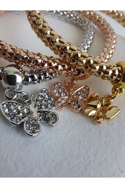 BHR AKSESUAR Gold Silver Bronze Triple Zircon Stone Butterfly Charm Bracelet