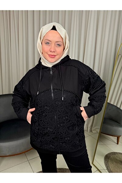 my312 غطاء رأس إسلامي أسود اللون مزين بالدانتيل واللؤلؤ