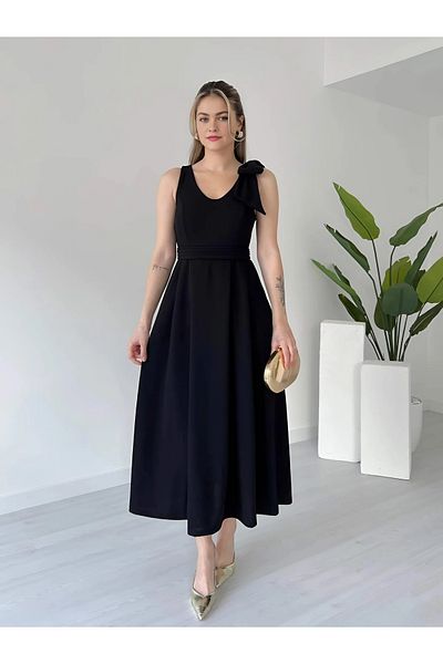DKS V-Neck Back Zipper Stretchy Shoulder Strap Dress with Bow