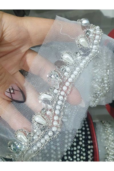 ESRA ŞELEM White Tulle Bias Stone and Pearl Detailed Decorative Ribbon Accessory Applique Sewing Accessory