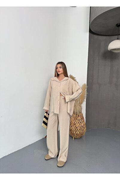 BEJNA Women's Beige Oversize Modal Shirt Pants Set