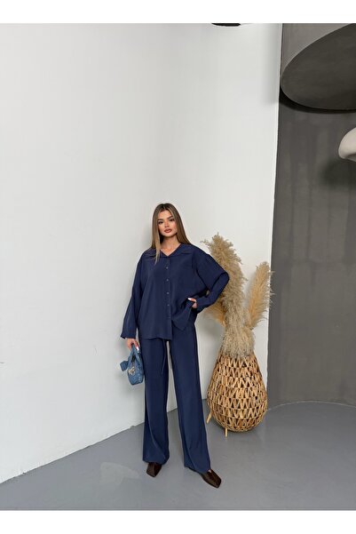 BEJNA Women's Navy Blue Oversize Modal Shirt Pants Set