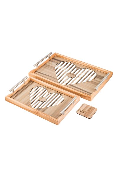 Dania A set of wooden trays and bowls with metal handles and a beautifully engraved glass-covered base.