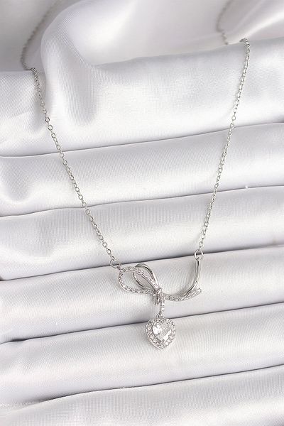 Skygo 316L Steel Silver Color Chain Zircon Stone Knot Dangle Heart Figure Women Necklace - Tj-Bko9856