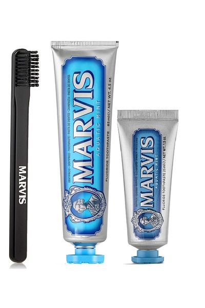 Marvis Aqua - Mint Toothpaste 3 pcs - 85 ml 25 ml Mervis Medium Hard Toothbrush