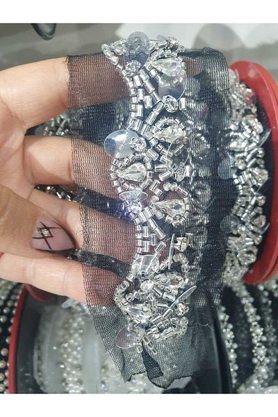 ESRA ŞELEM Black Tulle Bias Stone and Beaded Decorative Ribbon Accessory Sewing Accessory Applique