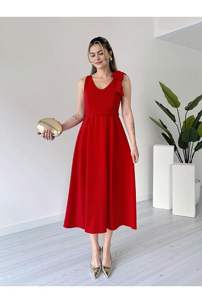 DKS V-Neck Back Zipper Stretchy Shoulder Strap Dress with Bow