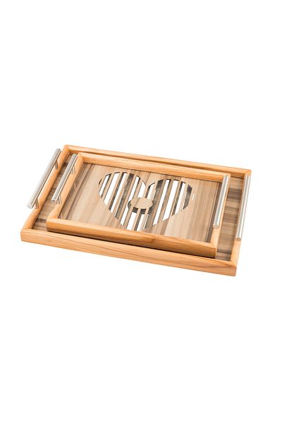 Dania A set of wooden trays and bowls with metal handles and a beautifully engraved glass-covered base.