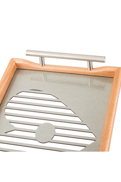 Dania A set of wooden trays and bowls with metal handles and a beautifully engraved glass-covered base.