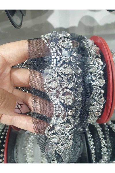 ESRA ŞELEM Black Tulle Bias Stone and Beaded Decorative Ribbon Accessory Sewing Accessory Applique