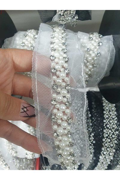 ESRA ŞELEM White Tulle Bias Pearl and Stone Decorative Ribbon Sewing Accessory Applique Hobby