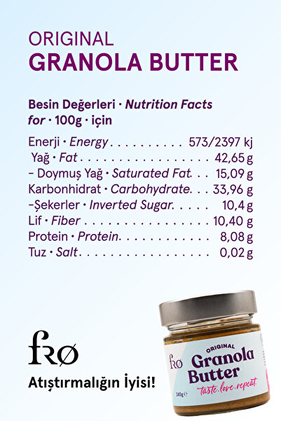 FRO Granola Butter Original Glutensiz Şekersiz Vegan Sürülebilir Ezme Katkısız 240gr