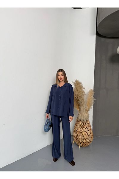 BEJNA Women's Navy Blue Oversize Modal Shirt Pants Set