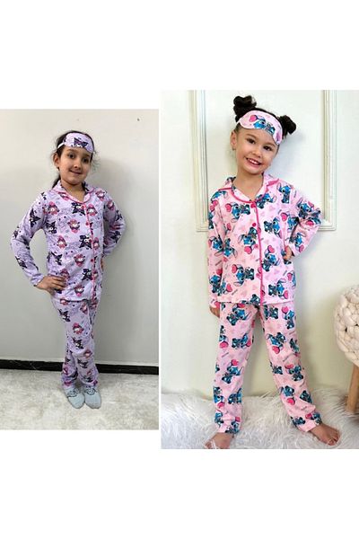 PİJAKİDS Pijakids Kuromi and Stitch Patterned Front Buttoned 2 Pcs Pajamas Set Lilac and Pink 50140