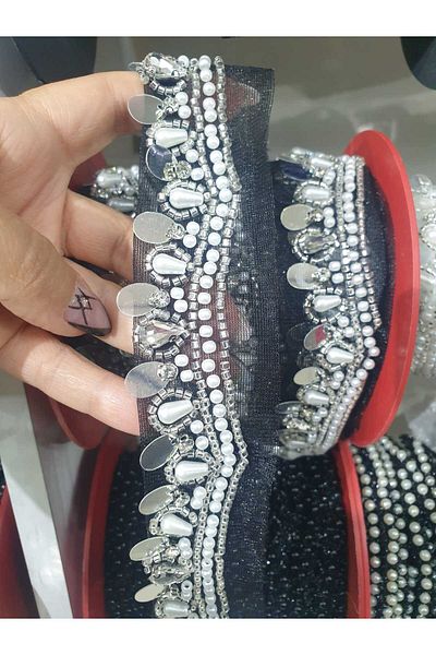 ESRA ŞELEM Black Tulle Piping Stone and Pearl Detailed Decorative Ribbon Accessory Applique Sewing Accessory