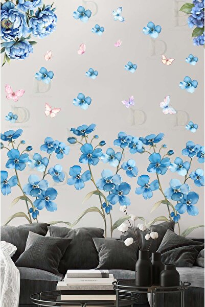 KT Decor Set de autocolante de perete cu flori albastre și fluturi în acuarelă