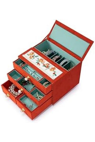 l'elefante Multi-Layer Jewelry Organizer Box for Women by LeVant - Velvet Jewelry Storage Case with Floral Embr