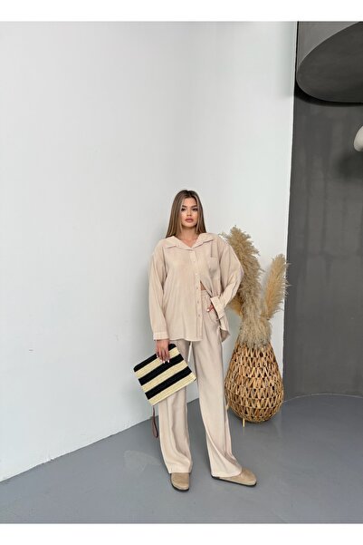 BEJNA Women's Beige Oversize Modal Shirt Pants Set