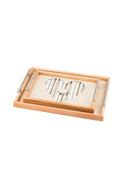 Dania A set of wooden trays and bowls with metal handles and a beautifully engraved glass-covered base.