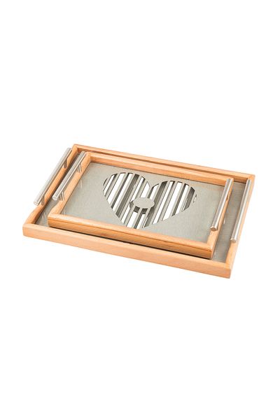 Dania A set of wooden trays and bowls with metal handles and a beautifully engraved glass-covered base.