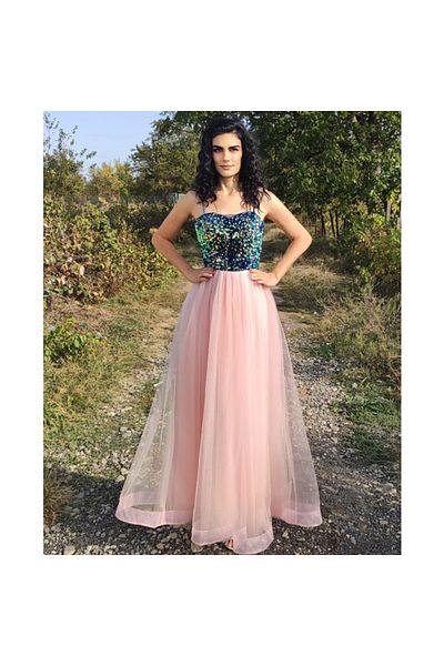 OEM Rochie lunga roz pal cu paiete aurora boreala