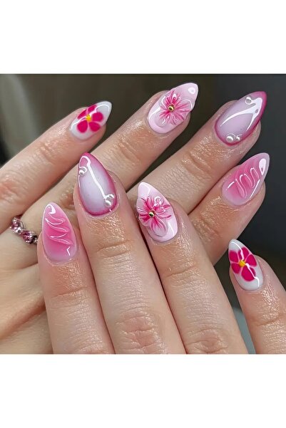 PİRAYE AKSESUAR 24'lü Pembe Ombreli Taş İşlemeli Kabartmalı Çiçekli Orta Uzun...