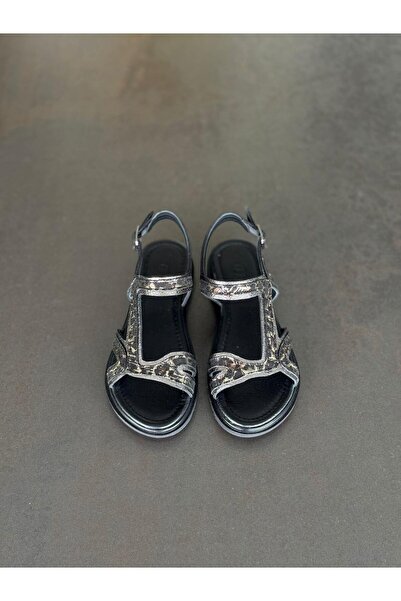 DİVA Μαύρο Πλατινένιο Δερμάτινο Ορθοπεδικό Σανδάλια