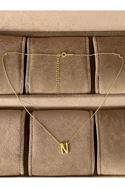 Rupen Kraft 925 Ayar Gümüş Gold Renk N Harfi Kolye Harfli Kolye 45cm