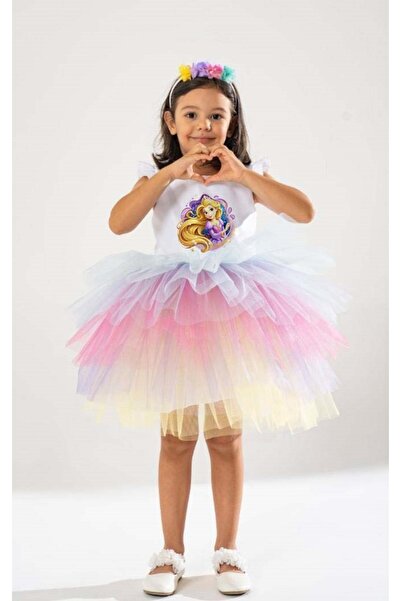 YAĞMUR KOStütüM Taç Hediyeli Neşeli Rapunzel Temalı Kız Çocuk Beyaz Doğum Gün...