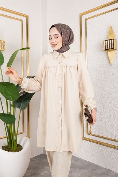 Tesettür Dünyası Buttoned Double Suit Tsd250172 Beige