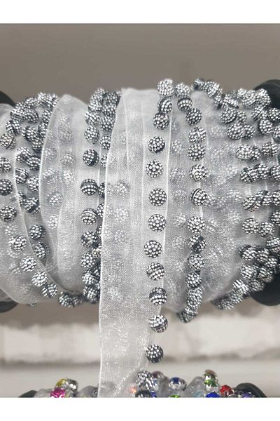 ESRA ŞELEM White Tulle Bias Ball Bead Detailed Decorative Ribbon Applique Sewing Accessory